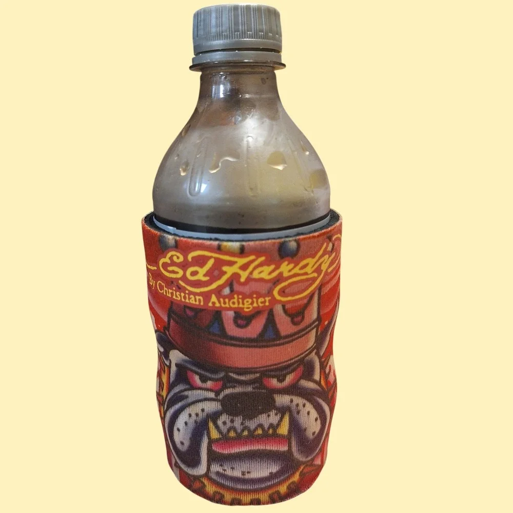 Ed Hardy Christian Audigier Bulldog Tattoo Neoprene Can Cooler Koozie Red Y2K